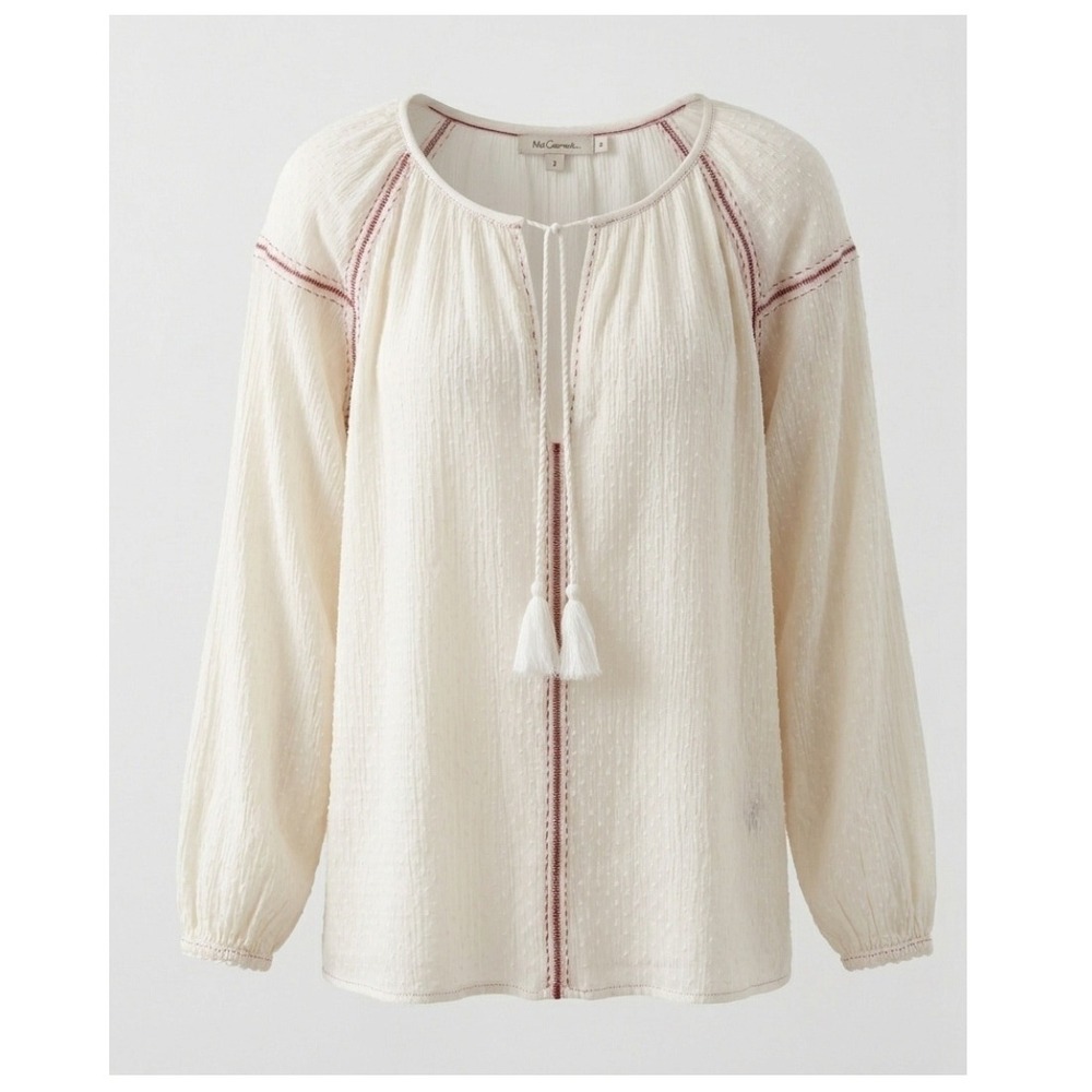 Mes‎ Demoiselles Paris Swiss Dot Boho Blouse White Red Cotton Peasant Top US L